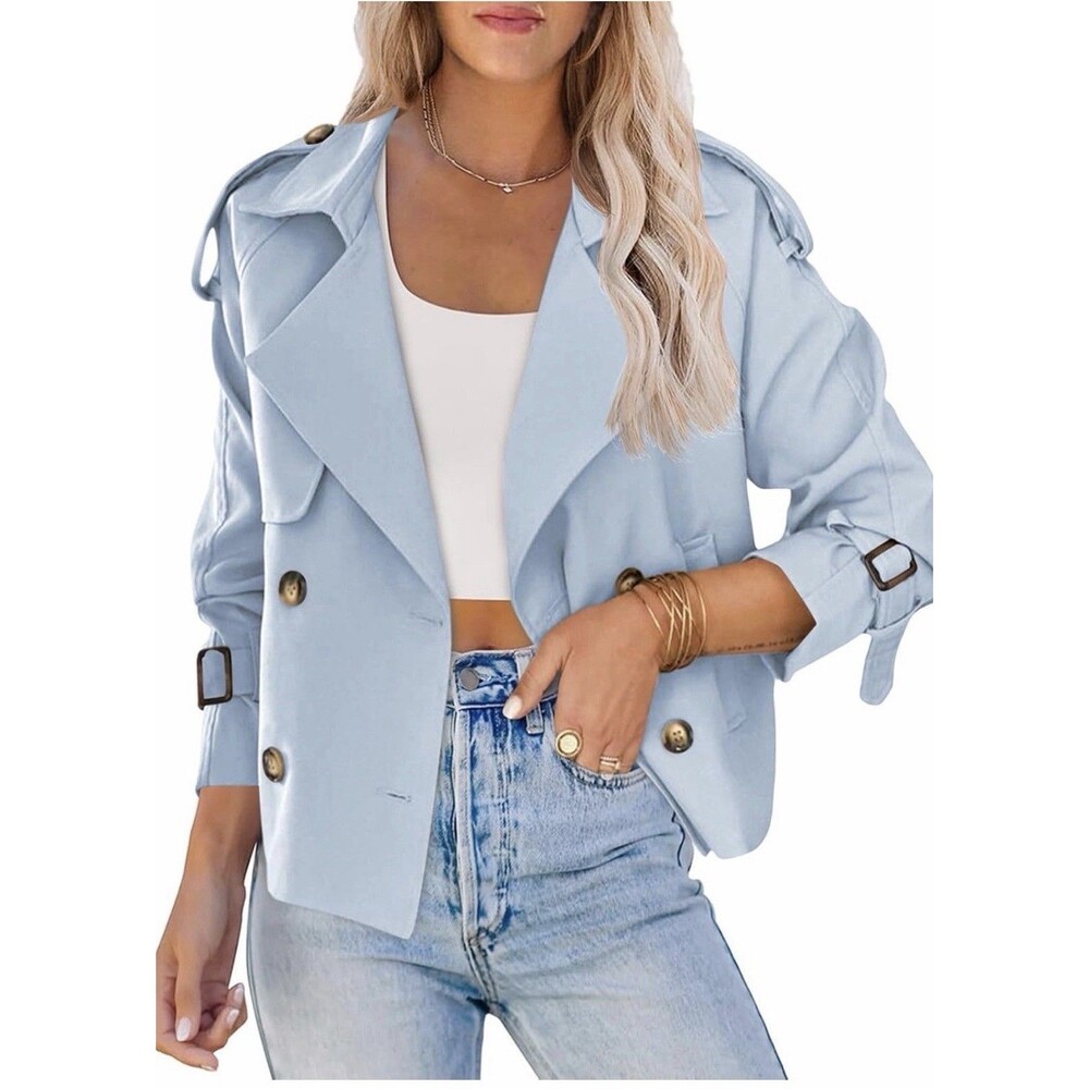 Women Crop Double Breasted Trench Coat Raglan Sleeve Work Cropped Jacket Medium